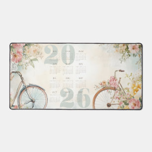 Aquarell-Blumen-Vintage-Fahrräder-Kalender 2026 Schreibtischunterlage