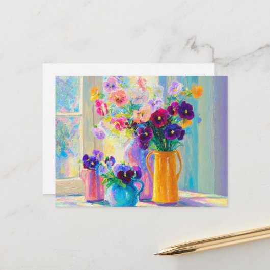 Aquarell-Blumen Violette und Rosa Stiefmütterchen Postkarte (Vorderseite/Rückseite Beispiel)