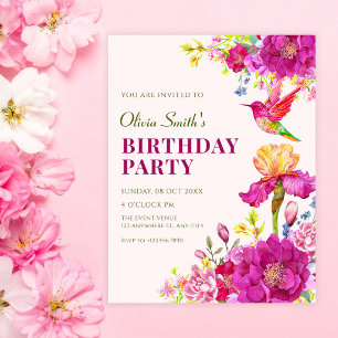 Aquarell-Blumen-Vogel-Geburtstag Einladung