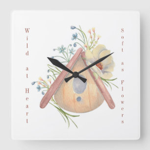 Aquarell-Blumen-Vogelhaus-Uhr-Illustration Quadratische Wanduhr