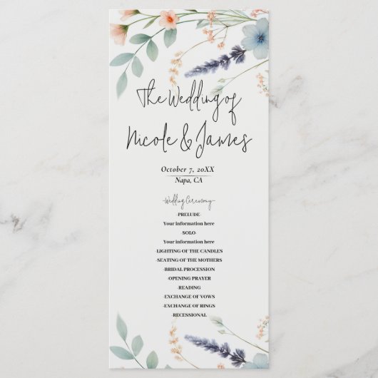 Aquarell-Blumen-Wildblumen-Hochzeitsprogramm Programm (Vorderseite)