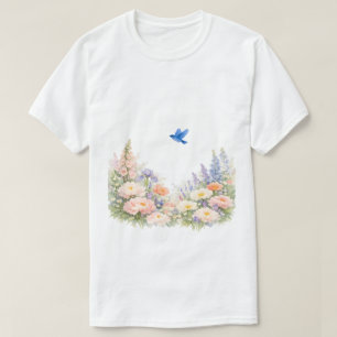 Aquarell-Blumen-Wildblumenwiese-Blaue Blaumeise T-Shirt