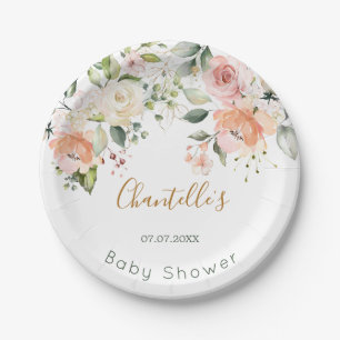 Aquarell Blumenapricot Rosa Rosen Babydusche Pappteller