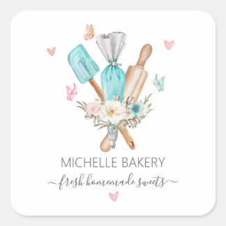 Aquarell Blumenbackutensilien Bäckerei Quadratischer Aufkleber