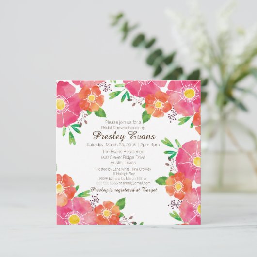 Aquarell Blumenbridal oder Babydusche Einladung (Stehend Vorderseite)