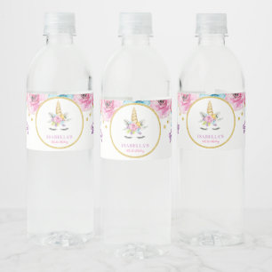 Aquarell-BlumenEinhorn-Geburtstag Wasserflaschenetikett