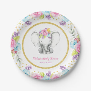 Aquarell-Blumenelefant-Babyparty Pappteller