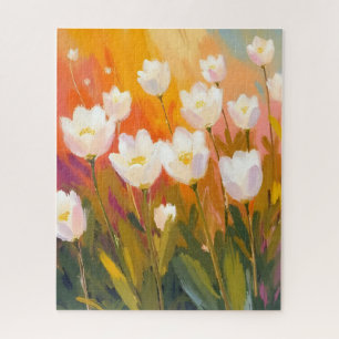 Aquarell-Blumenfeldmalerei mit weißen Tulpen Puzzle