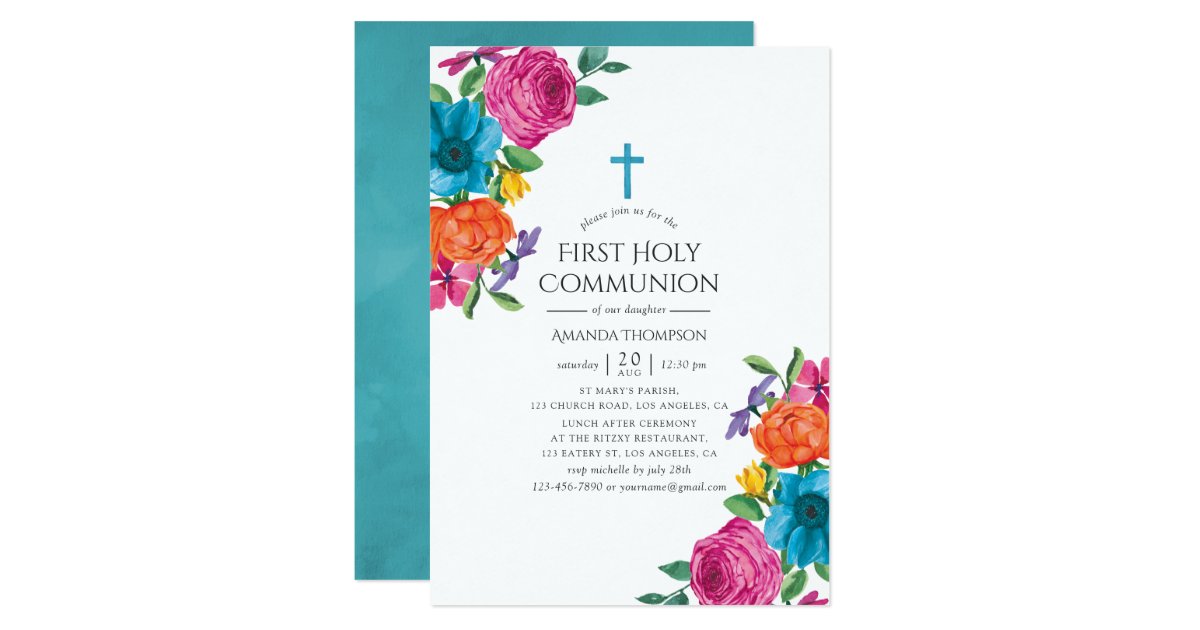 AquarellBlumenfiestaerste heilige Kommunion Einladung Zazzle.de