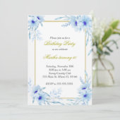 Aquarell Blumenfloral Geburtstag Einladung Blue Go (Stehend Vorderseite)