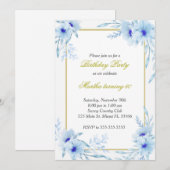 Aquarell Blumenfloral Geburtstag Einladung Blue Go (Vorne/Hinten)