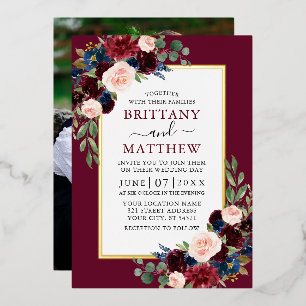 Aquarell-Blumenfoto Burgund Hochzeit Gold Folieneinladung