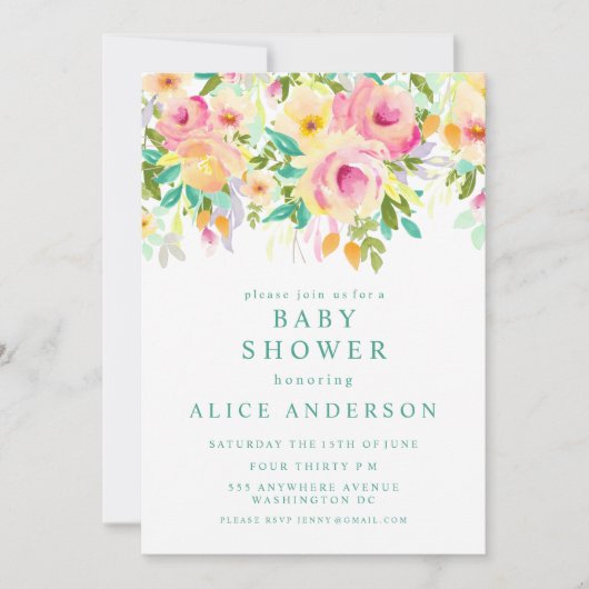 Aquarell Blumengarten Babydusche Einladung (Vorderseite)