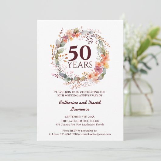 Aquarell Blumengarten Grüne 50. Hochzeit Einladung (Stehend Vorderseite)