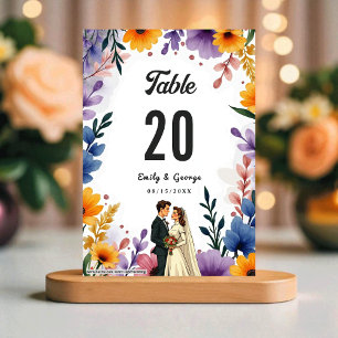 Aquarell-Blumengarten-Paar Sommerhochzeit Tischnummer