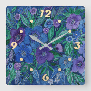 Aquarell, Blumengarten quadratische Wanduhr