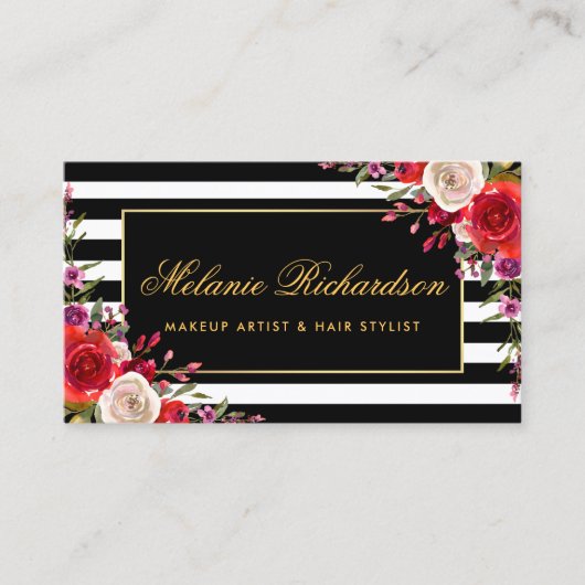 Aquarell-Blumengoldrahmen Striped Visitenkarte (Vorderseite)