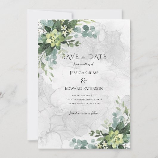Aquarell Blumengrün Romantisch ausgefeilt Save The Date (Vorderseite)