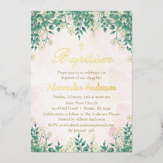 Aquarell Blumengrün Taufe für Mädchen Folieneinladung (Vorderseite)