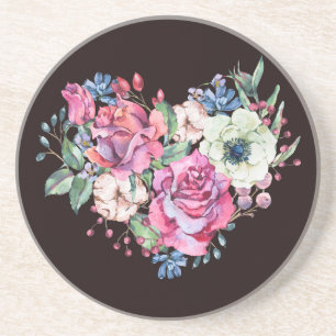 Aquarell-Blumenherz: antike Rosen. Getränkeuntersetzer
