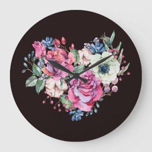 Aquarell-Blumenherz: Vintage-Rosen. Große Wanduhr