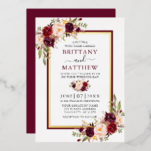 Aquarell-Blumenhochzeit Burgund und Gold Folieneinladung