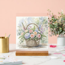 Aquarell-Blumenkorb mit Rosen und Hortensien