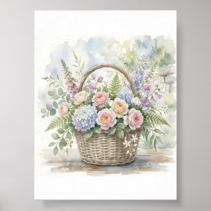Aquarell-Blumenkorb mit Rosen und Hortensien Poster
