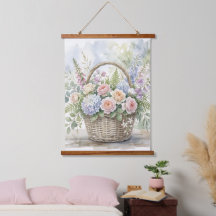 Aquarell-Blumenkorb mit Rosen und Hortensien