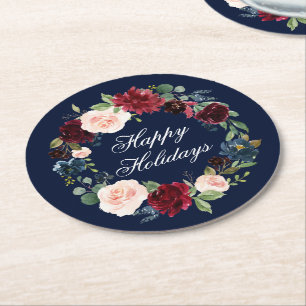 Aquarell-Blumenkranz Elegante Frohe Feiertage Runder Pappuntersetzer