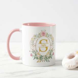 Aquarell-Blumenkranz Gold Anfangsbuchstabe Monogra Tasse