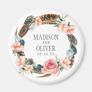Aquarell-Blumenkranz mit Federn Hochzeit Magnet