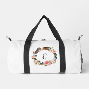 Aquarell-Blumenkranz mit Federn Monogramm Duffle Bag