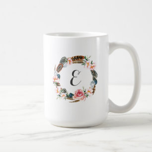 Aquarell-Blumenkranz mit Federn   Monogramm Kaffeetasse
