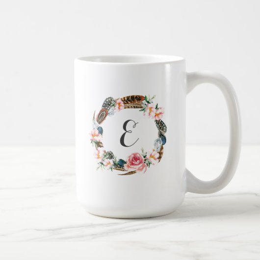 Aquarell-Blumenkranz mit Federn | Monogramm Kaffeetasse (Rechts)