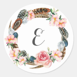 Aquarell-Blumenkranz mit Federn Monogramm Runder Aufkleber