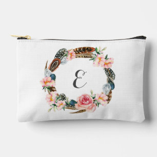 Aquarell-Blumenkranz mit Federn Monogramm Zubehörtasche
