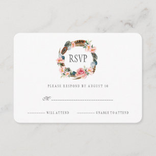 Aquarell-Blumenkranz mit Federn RSVP Karte