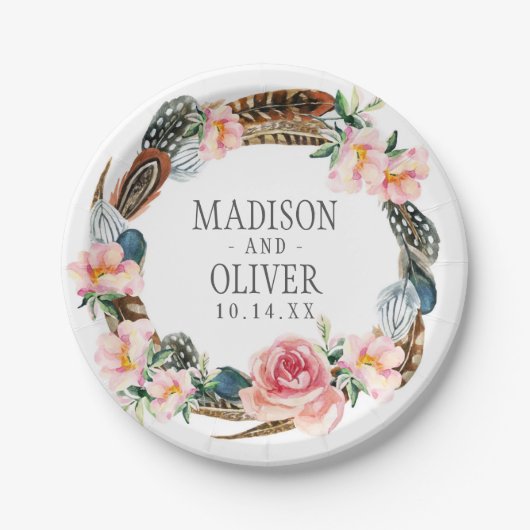 Aquarell-BlumenKranz mit Federn Wedding | Pappteller (Vorderseite)