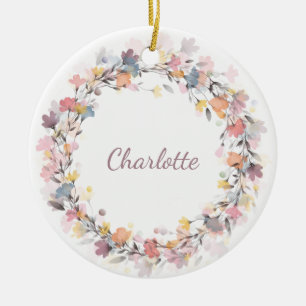 Aquarell-Blumenkranz mit personalisiertem Namen Keramik Ornament