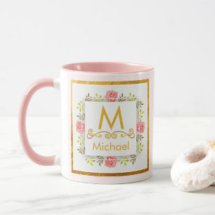 Aquarell-Blumenmonogramm I Goldinitiale & Name Tasse