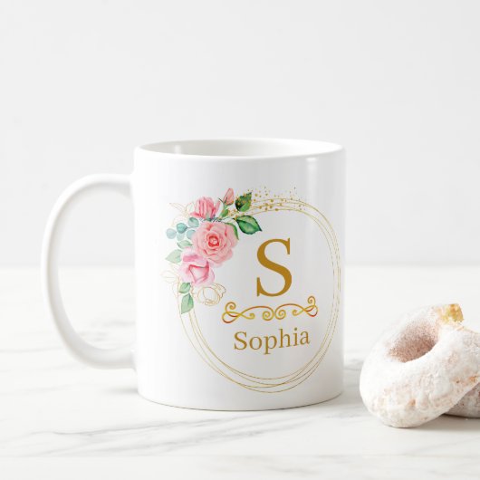Aquarell-Blumenmonogramm I Individuelle Goldinitia Kaffeetasse (Mit Donut)