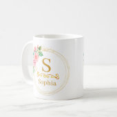Aquarell-Blumenmonogramm I Individuelle Goldinitia Kaffeetasse (Vorderseite Links)