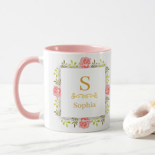 Aquarell-Blumenmonogramm I Individuelle Goldinitia Tasse