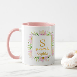 Aquarell-Blumenmonogramm I Individuelle Goldinitia Tasse