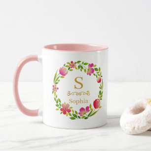 Aquarell-Blumenmonogramm I Individuelle Goldinitia Tasse