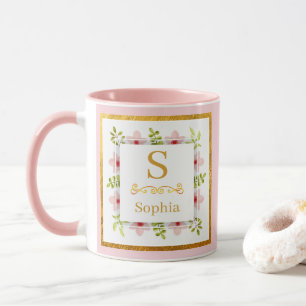 Aquarell-Blumenmonogramm I Individuelle Goldinitia Tasse