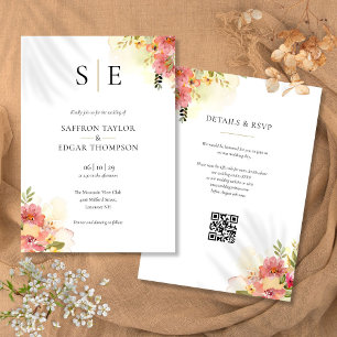 Aquarell-Blumenmonogramm-QR-Code-Hochzeit Einladung