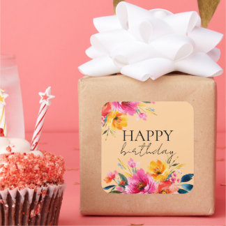 Aquarell-Blumenmuster | Moderne Floral Quadratischer Aufkleber
