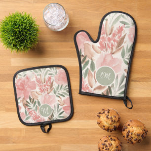 Aquarell-Blumenmuster-Monogramm Ofenhandschuh & Topflappen-Set